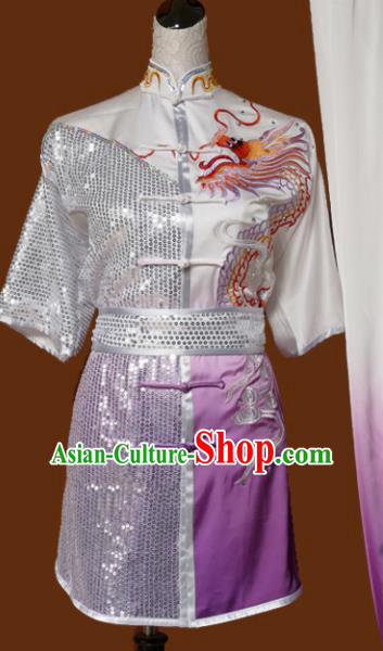 Top Kung Fu Group Competition Costume Martial Arts Wushu Embroidered Dragon Purple Uniform for Men