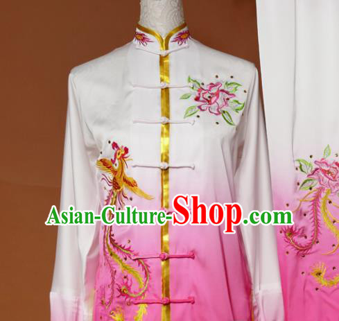 Chinese Traditional Tai Chi Embroidered Pink Silk Uniform Kung Fu Group Competition Costume for Women