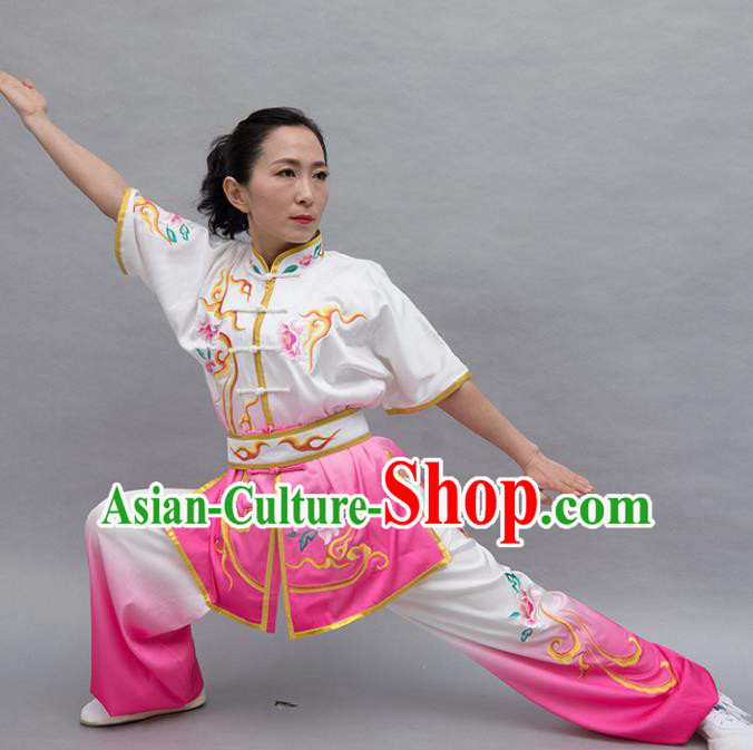 Top Group Kung Fu Costume Tai Ji Training Embroidered Peony Pink Uniform Clothing for Women