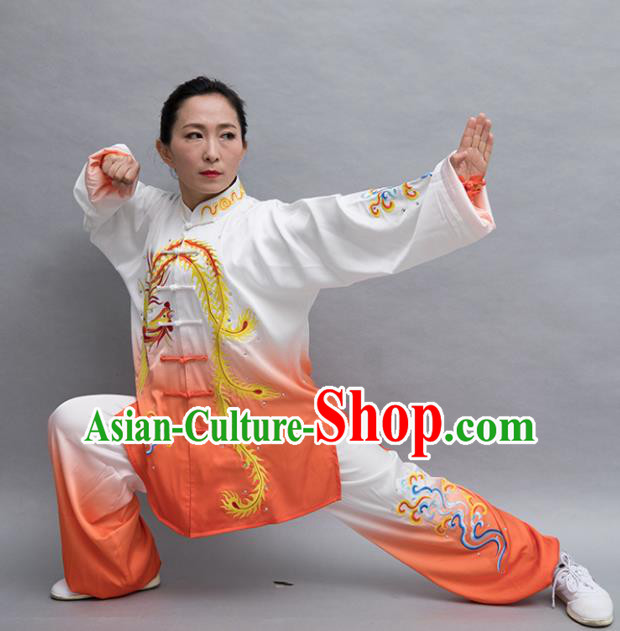 Top Group Kung Fu Costume Tai Ji Training Embroidered Phoenix Orange Uniform Clothing for Women