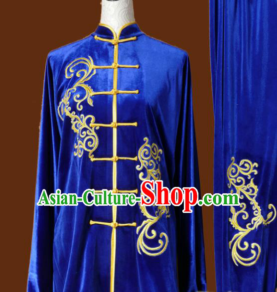 Top Kung Fu Group Competition Costume Martial Arts Wushu Blue Velvet Uniform for Men