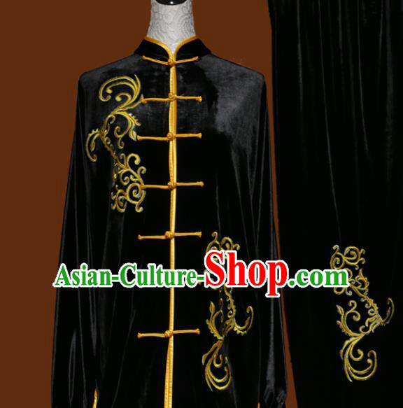 Top Kung Fu Group Competition Costume Martial Arts Wushu Black Velvet Uniform for Men