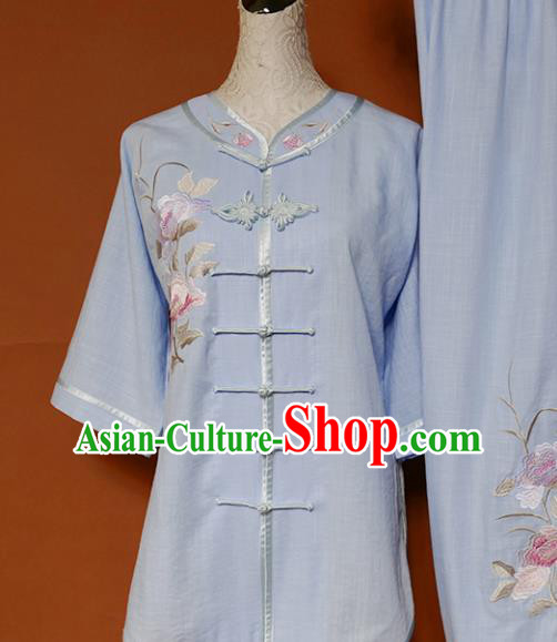 Chinese Traditional Tai Chi Embroidered Blue Uniform Kung Fu Group Competition Costume for Women