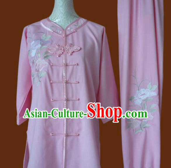 Chinese Traditional Tai Chi Embroidered Pink Uniform Kung Fu Group Competition Costume for Women