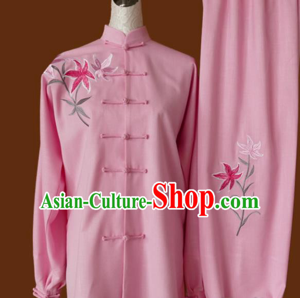 Chinese Traditional Tai Chi Embroidered Orchid Pink Uniform Kung Fu Group Competition Costume for Women