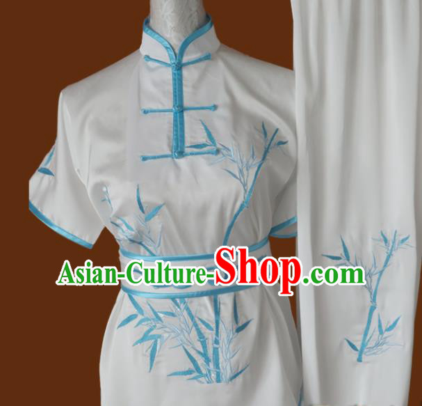 Chinese Traditional Martial Arts Embroidered Bamboo White Uniform Kung Fu Group Competition Costume for Women