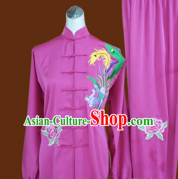 Chinese Traditional Tai Chi Rosy Uniform Kung Fu Group Competition Embroidered Phoenix Costume for Women