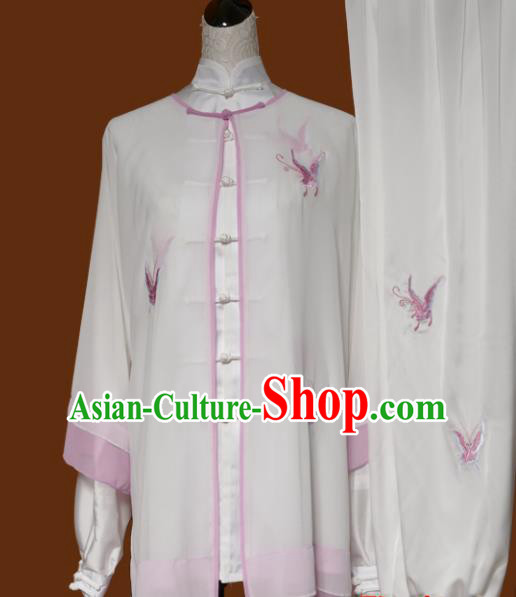 Chinese Traditional Tai Chi Embroidered Butterfly White Uniform Kung Fu Group Competition Costume for Women