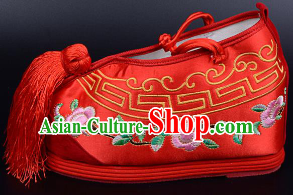 Professional Chinese Beijing Opera Bride Shoes Ancient Traditional Red Embroidered Shoes for Women