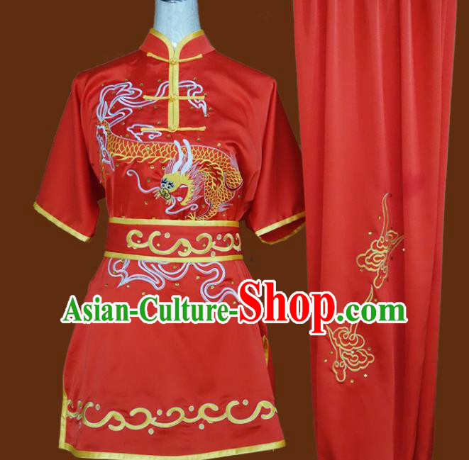 Top Grade Kung Fu Embroidered Dragon Red Costume Chinese Tai Chi Martial Arts Training Uniform for Adults