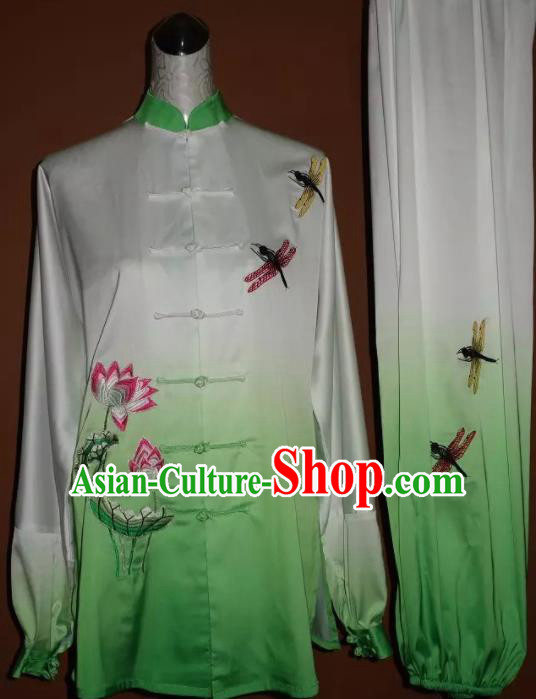 Top Grade Kung Fu Embroidered Lotus Green Costume Chinese Tai Chi Martial Arts Training Uniform for Adults