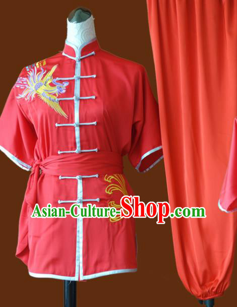 Chinese Traditional Tai Chi Embroidered Phoenix Red Uniform Kung Fu Group Competition Costume for Women