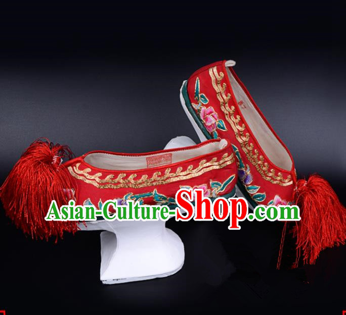 Professional Chinese Beijing Opera Shoes Ancient Qing Dynasty Princess Red Embroidered Shoes for Women