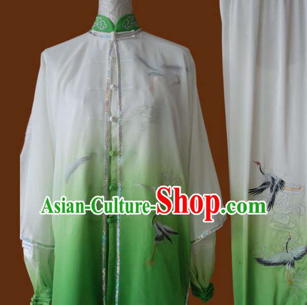 Top Grade Kung Fu Embroidered Cranes Green Costume Chinese Martial Arts Training Tai Ji Uniform for Adults