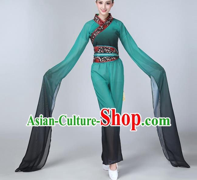 Chinese Traditional Stage Performance Dance Costume Folk Dance Green Water Sleeve Clothing for Women