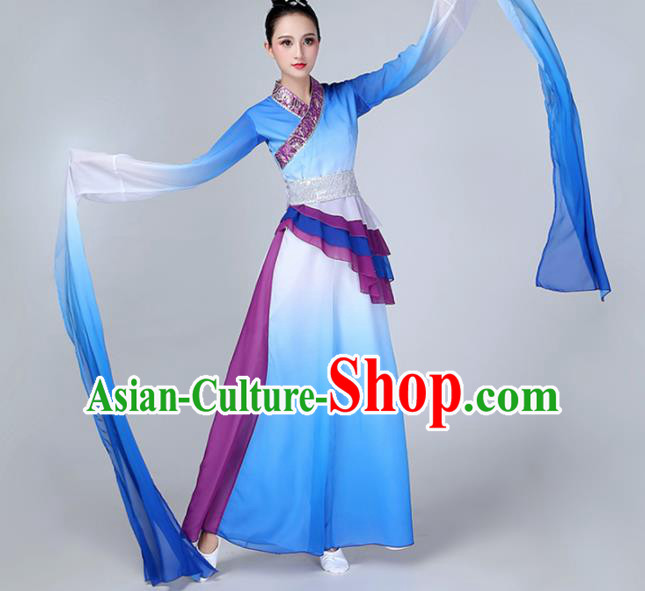 Chinese Traditional Stage Performance Costume Classical Dance Blue Water Sleeve Dress for Women