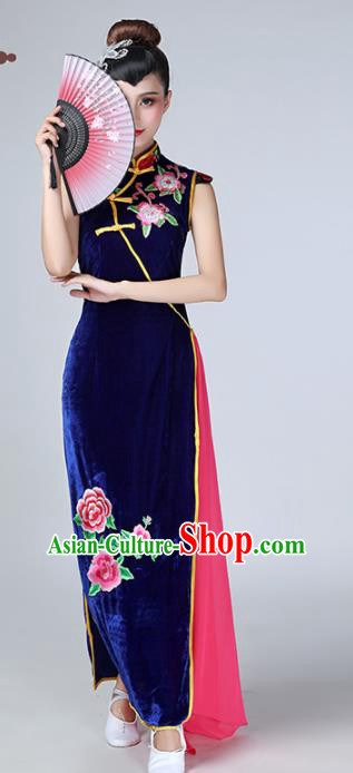 Chinese Traditional Stage Performance Costume National Cheongsam Royalblue Qipao Dress for Women