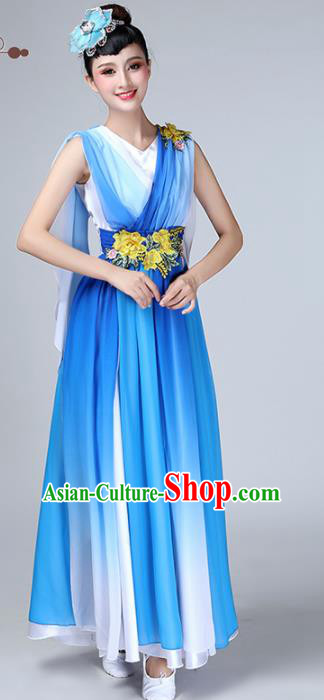 Chinese Traditional Stage Performance Chorus Costume Classical Dance Blue Veil Dress for Women