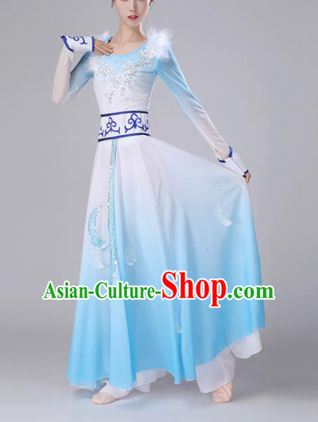 Chinese Traditional Ethnic Stage Performance Classical Dance Costume Umbrella Dance Blue Dress for Women