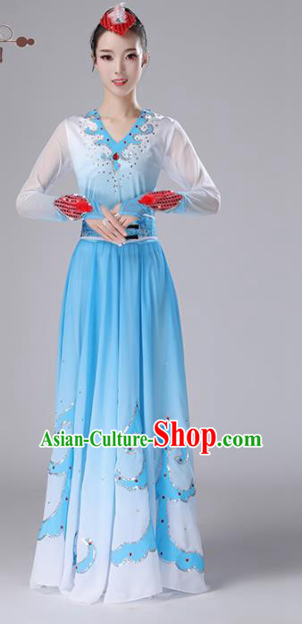 Chinese Traditional Ethnic Stage Performance Costume Classical Dance Umbrella Dance Blue Dress for Women