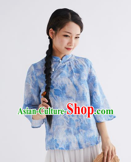 Chinese National Costume Traditional Classical Cheongsam Blue Blouse for Women