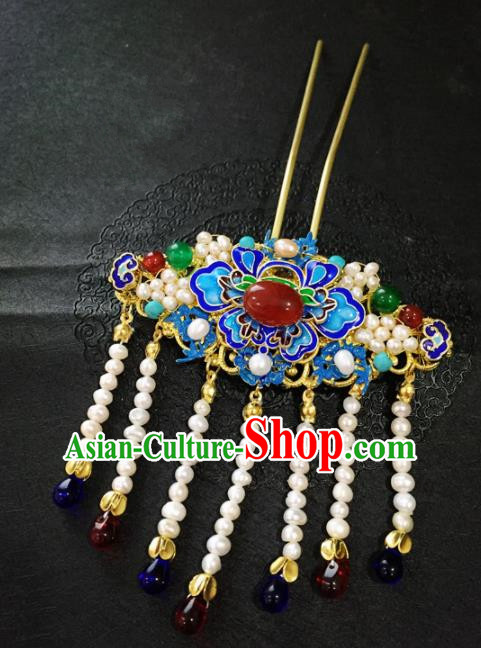 Chinese Ancient Handmade Blueing Agate Tassel Hairpins Traditional Classical Hair Accessories for Women