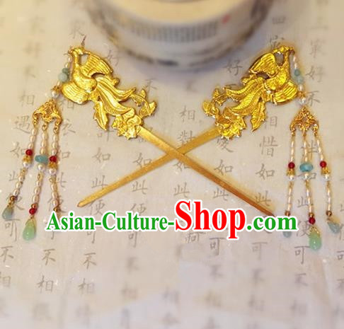 Chinese Ancient Handmade Golden Phoenix Hairpins Traditional Classical Hair Accessories for Women