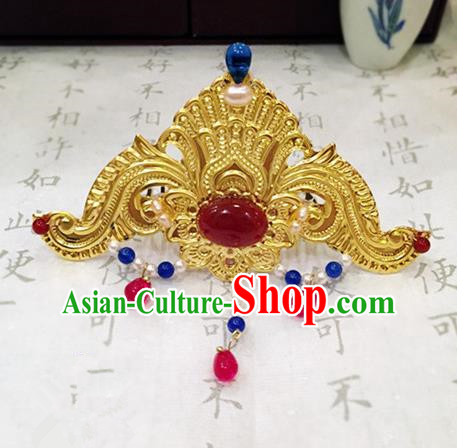 Chinese Ancient Handmade Agate Hair Crown Golden Hairpins Traditional Classical Hair Accessories for Women