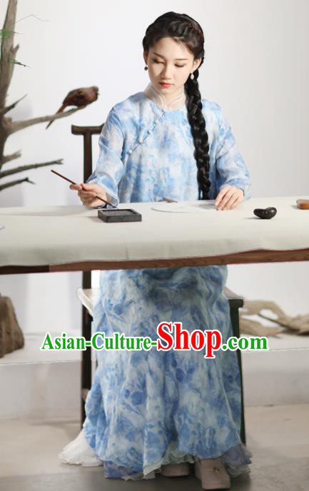 Chinese National Costume Traditional Cheongsam Classical Printing Light Blue Qipao Dress for Women