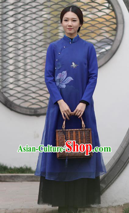 Chinese National Costume Traditional Cheongsam Classical Printing Lotus Deep Blue Qipao Dress for Women