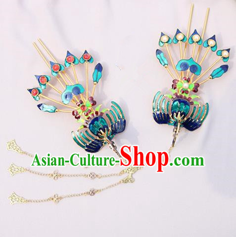 Chinese Traditional Handmade Blueing Hairpins Phoenix Step Shake Classical Hair Accessories for Women