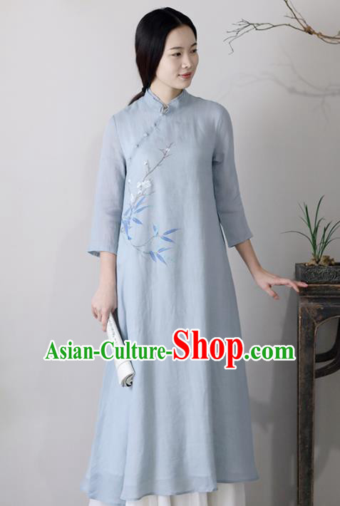 Chinese National Costume Traditional Cheongsam Classical Light Blue Qipao Dress for Women