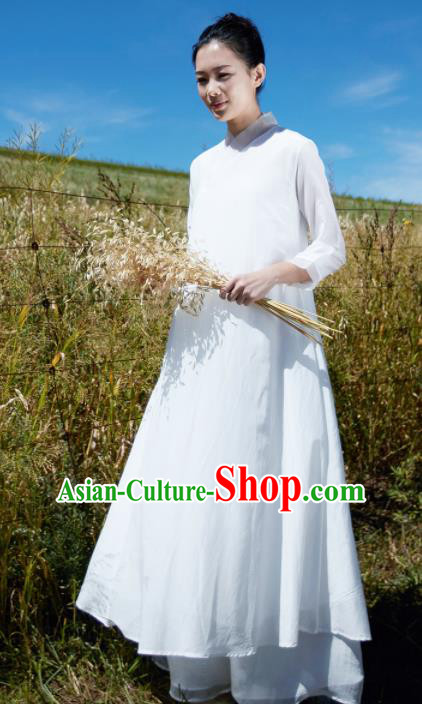 Chinese National Costume Traditional Cheongsam Classical White Linen Qipao Dress for Women