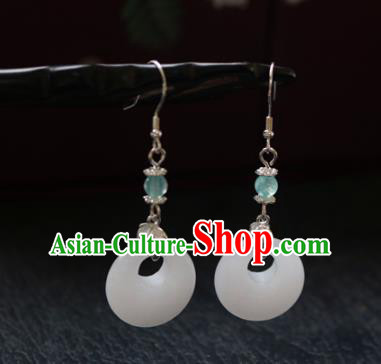 Chinese Ancient Traditional Handmade White Jade Earrings Classical Ear Accessories for Women