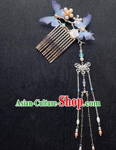 Chinese Ancient Handmade Violet Butterfly Hair Comb Hairpins Traditional Classical Hair Accessories for Women