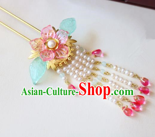 Chinese Ancient Handmade Pink Cherry Blossom Tassel Hairpins Traditional Classical Hair Accessories for Women