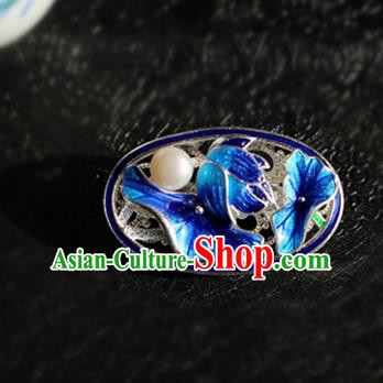 Chinese Traditional Handmade Cloisonne Blue Lotus Leaf Brooch Classical Accessories Breastpin for Women