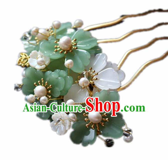 Chinese Ancient Handmade Green Flowers Hair Comb Hairpins Traditional Classical Hair Accessories for Women