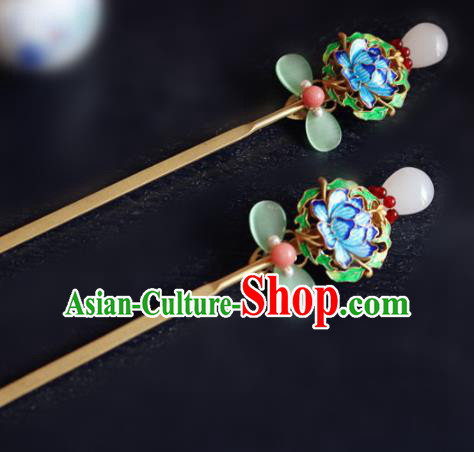 Chinese Ancient Handmade Cloisonne Lotus Hairpins Traditional Classical Hair Accessories for Women