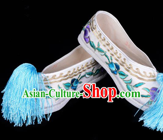 Professional Chinese Beijing Opera Princess Shoes Ancient Peri White Embroidered Shoes for Women