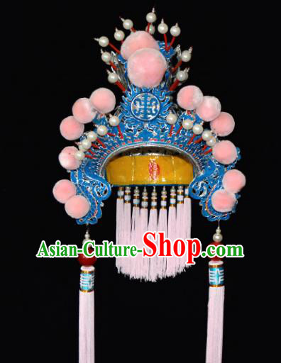 Chinese Beijing Opera Blues Hair Accessories Ancient Female General Pink Phoenix Coronet for Women