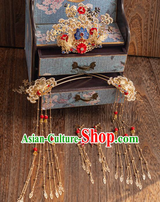 Chinese Ancient Handmade Pine Hair Crown Bride Tassel Hairpins Traditional Classical Wedding Hair Accessories for Women