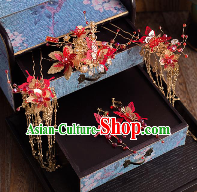 Chinese Ancient Handmade Red Butterfly Hair Crown Bride Tassel Hairpins Traditional Classical Wedding Hair Accessories for Women