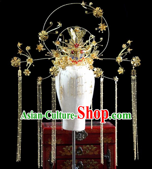 Chinese Ancient Handmade Bride Hairpins Traditional Golden Phoenix Coronet Wedding Hair Accessories for Women