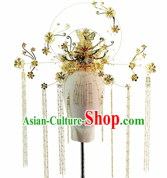 Chinese Ancient Handmade Bride Hairpins Traditional Golden Phoenix Coronet Wedding Hair Accessories for Women