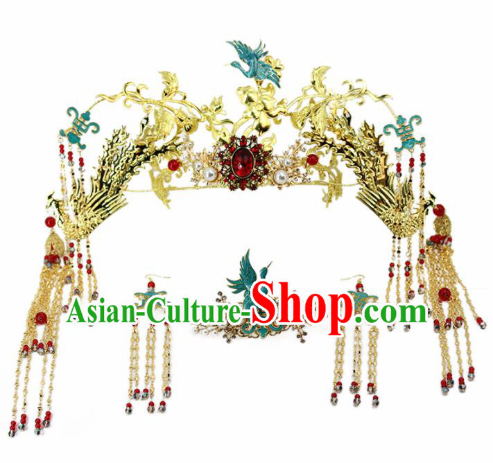 Chinese Ancient Cloisonne Cranes Phoenix Coronet Bride Hairpins Traditional Wedding Hair Accessories for Women