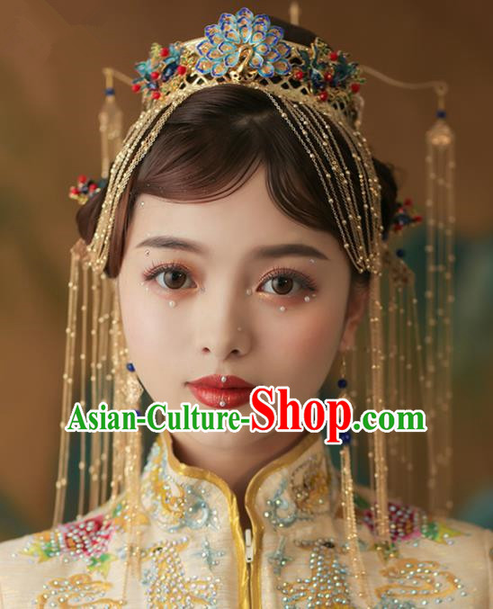 Chinese Ancient Cloisonne Peacock Phoenix Coronet Bride Hairpins Traditional Wedding Hair Accessories for Women