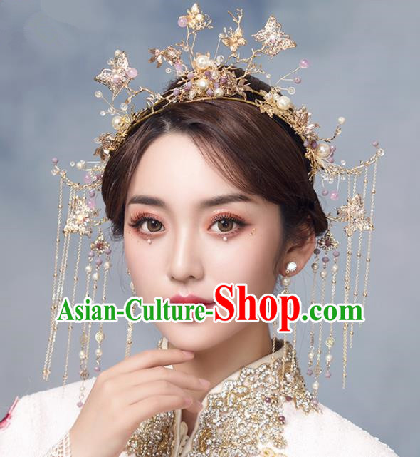 Chinese Ancient Crystal Butterfly Phoenix Coronet Bride Hairpins Traditional Wedding Hair Accessories for Women