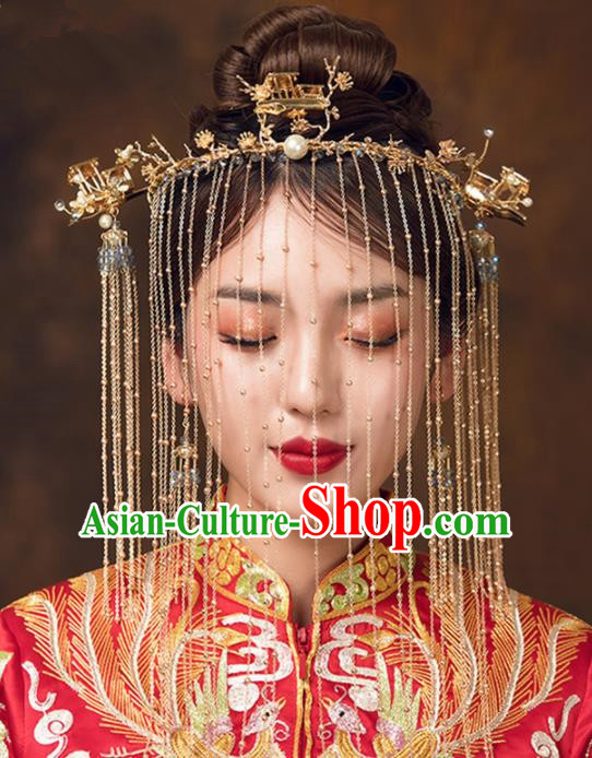 Chinese Ancient Bride Tassel Face Curtain Hairpins Traditional Wedding Hair Accessories for Women