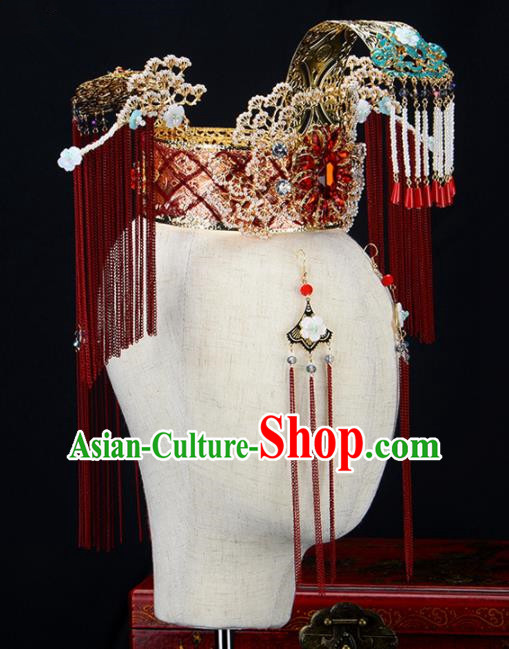 Chinese Ancient Handmade Bride Hairpins Traditional Red Tassel Phoenix Coronet Wedding Hair Accessories for Women